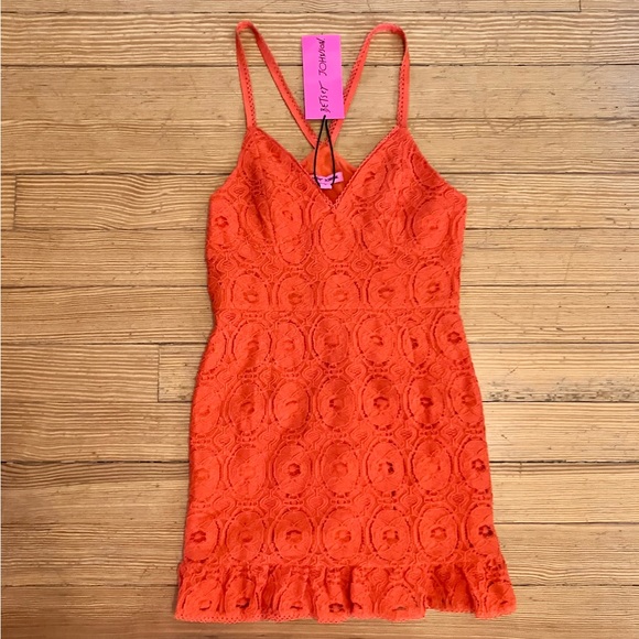 NWT Betsey Johnson Crochet Lace Ruffle Hem Mini Dress in Spicy Orange Sz M. - Picture 5 of 13